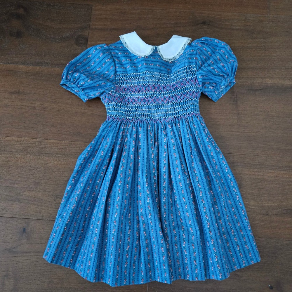 Handmade Smocked Blue Floral Dress Marcus Bros Textiles Lace Collar Kids 2T?